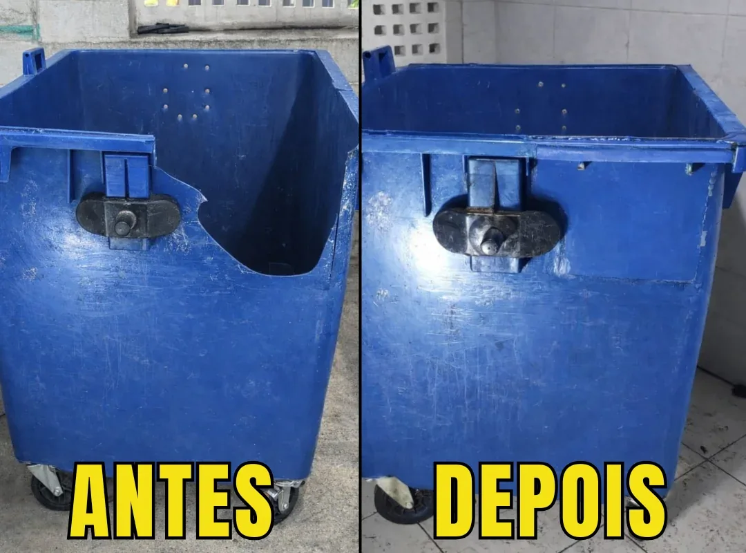 Antes e depois do reparo de um contentor de lixo pela Ecoplast